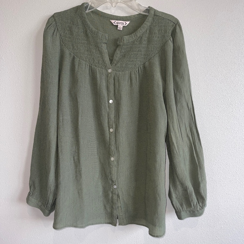 Nanette Lepore Prairie Green Long Sleeve Smocked Button Down Blouse Top Small